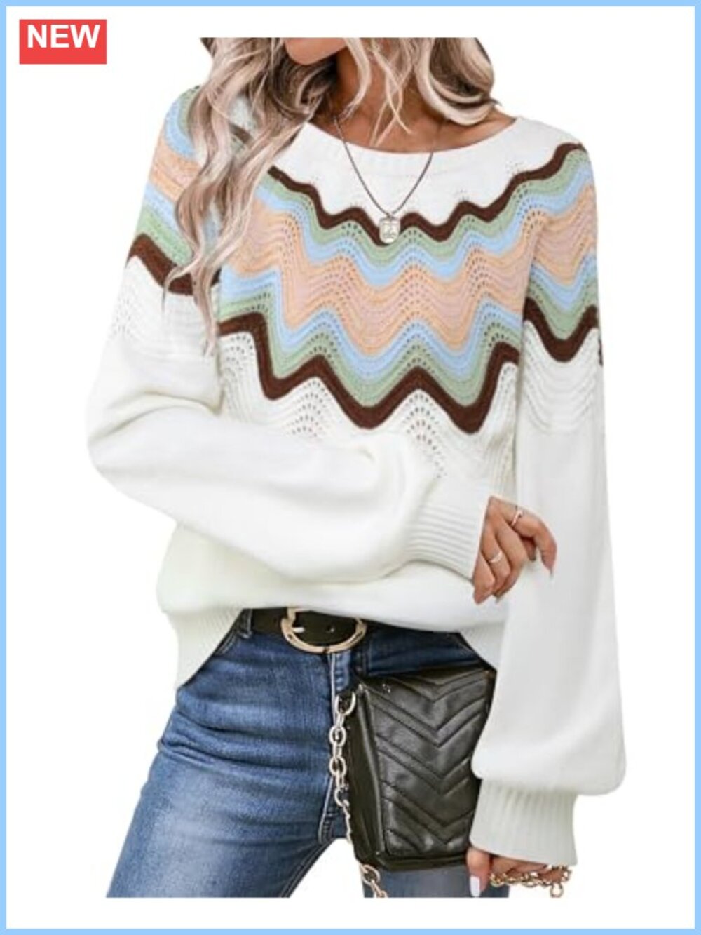 Vivilli Womens Fall Sweater Color Block Lantern Sleeve Crewneck Knit Pullover